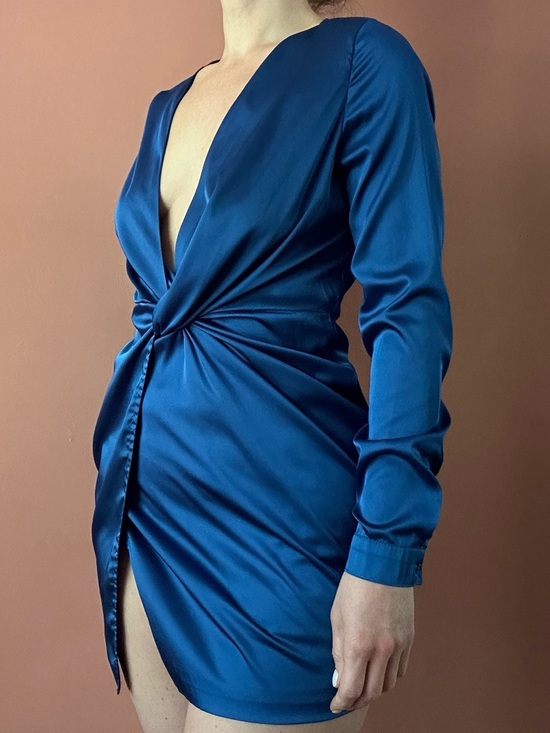 Fashion Nova Dresses & Skirts - Fashion Nova Blue Satin Long Sleeve Twist Front Mini Dress